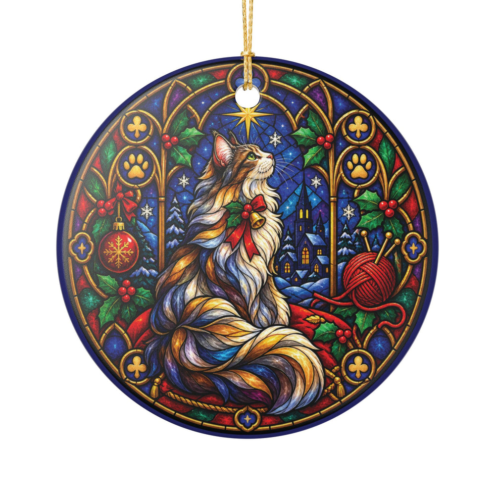 Stained Glass Cat Ornament - Long-haired cat in festive window design | Iron Phoenix GHG Customs