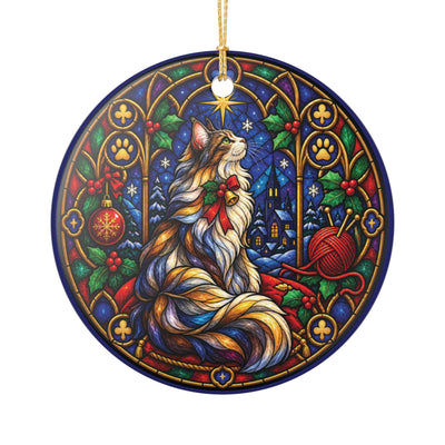 Stained Glass Cat Ornament - Long-haired cat in festive window design | Iron Phoenix GHG Customs