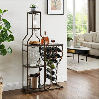 Grey 11-Bottle Floor Wine Rack,5 Tier Freestanding Wine Rack With Wine Glass Holder And Storage Shelves,for Home Bar,Living Room,Dining Room,Gift