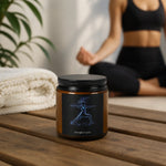 Soy Candle — Amber Jar ‘Strength in Quiet’ Yoga Warrior Scented Candle - lifestyle lifestyle mockup | Iron Phoenix GHG Custom