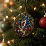 Stained Glass Cat Ornament - Lifestyle view on a wooden table with gift box | Iron Phoenix GHG Customs